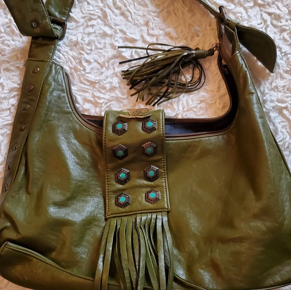 Vintage retro olive green purse with turquoise stones - Picture 1 of 3